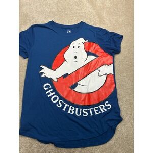 Ghostbusters Logo Graphic Tee XXL Blue Curved Hem 80s Movie Retro Pop Culture